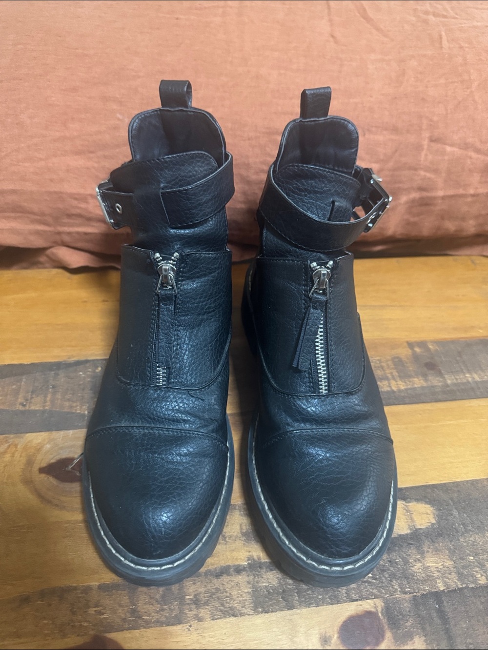 Black Leather Ankle Booties with Front Zip and Buckle Strap